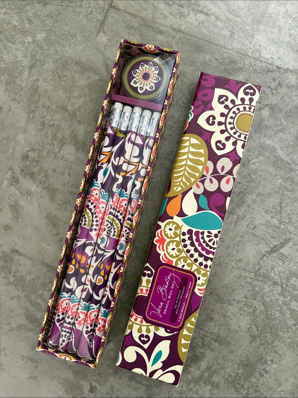 Vera Bradley Pencil Box Set featuring the "Plum Crazy" purple paisley